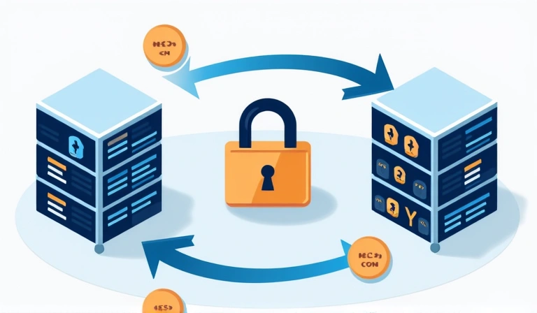 Ilustracja przedstawiająca bezpieczny transfer danych między różnymi serwerami, z symbolami szyfrowania.